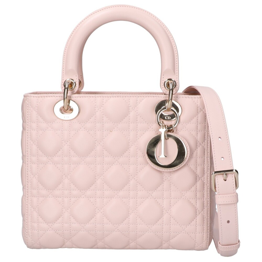 Christian Dior Lady Medium Cannage Lambskin 2-Way Handbag, Pink Beige, Gold H...